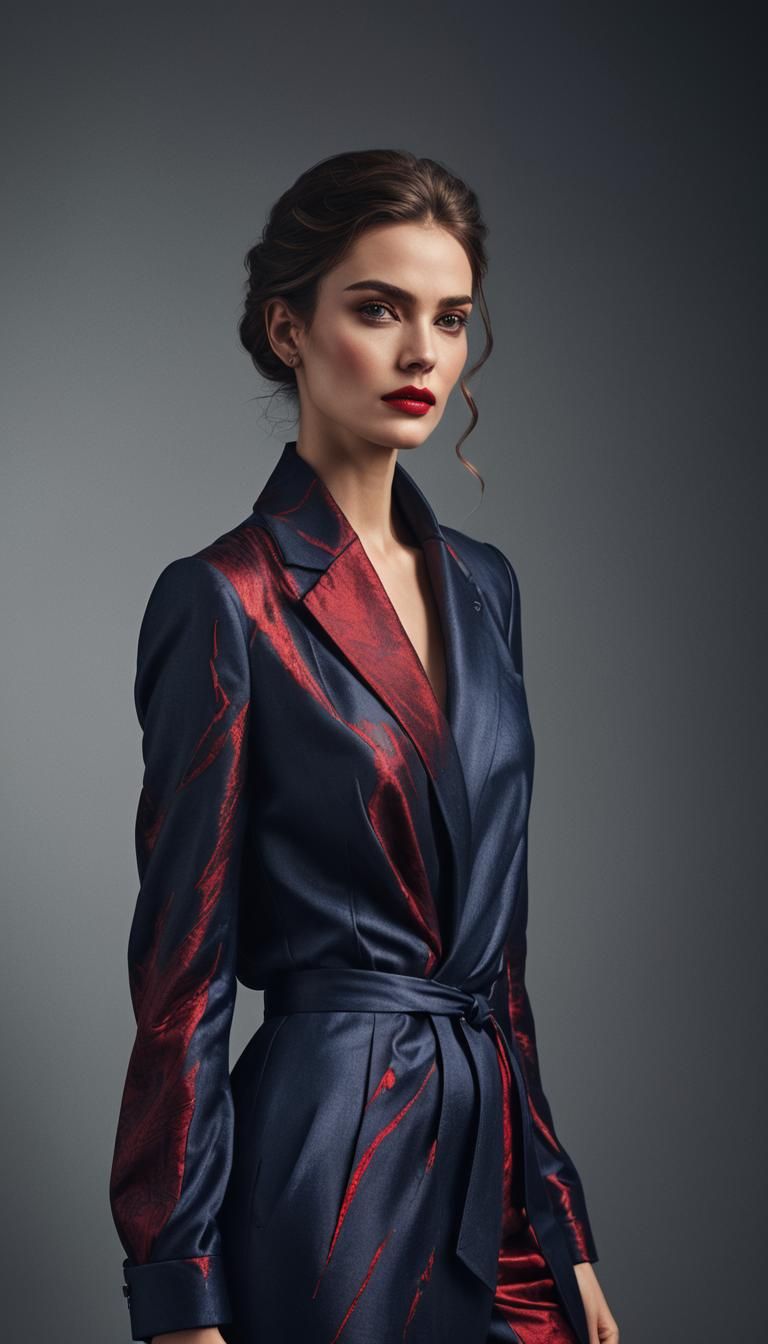 Elegant Woman in Dark Blue and Red: High-Fashion Portrait