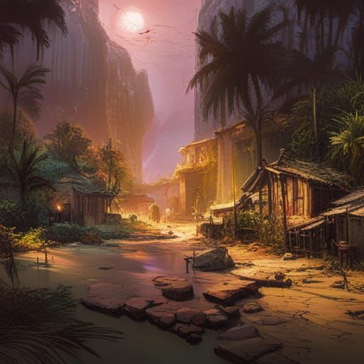 Tropical Dark Fantasy Landscape in Matte Painting Style
