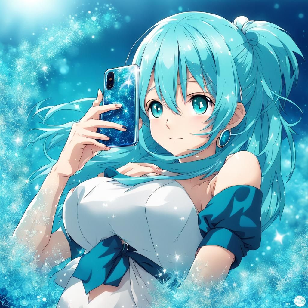 Aqua iPhone 15 with Glittery Blue Anime Case