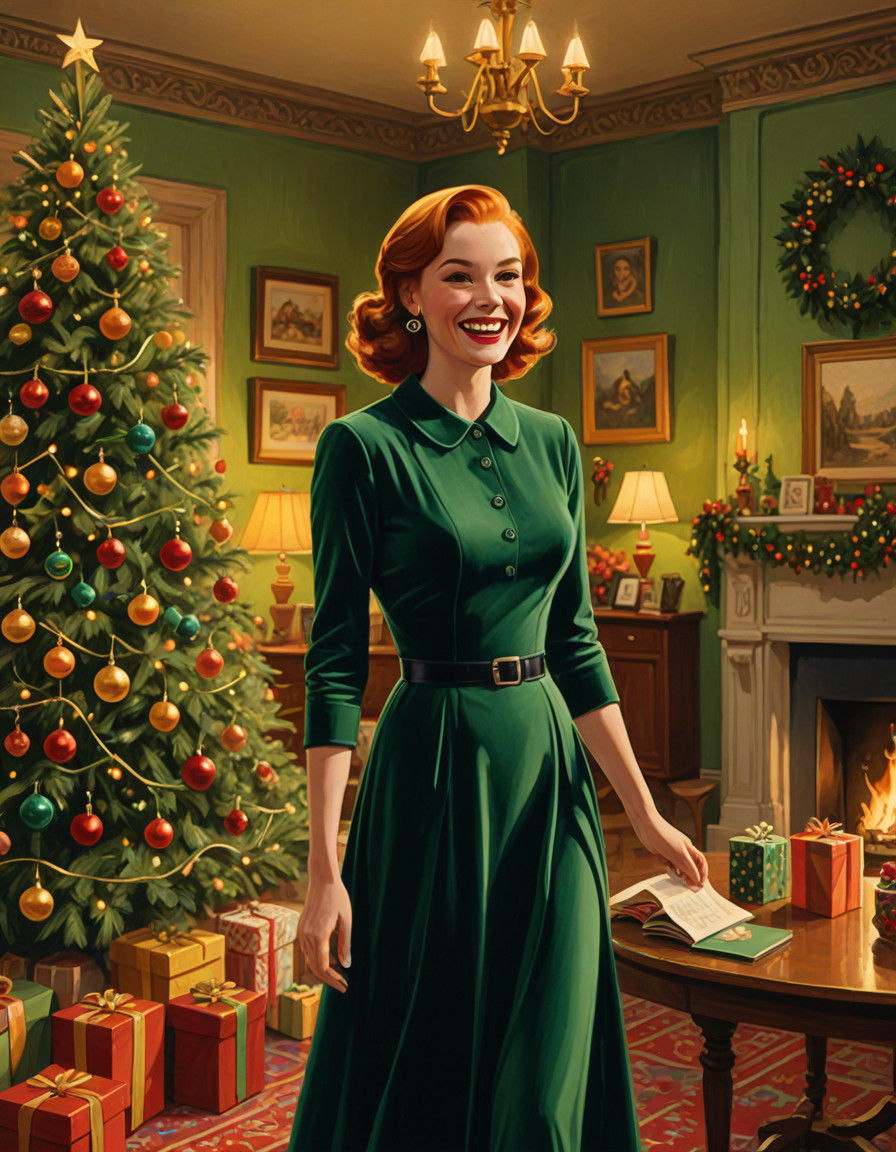 Vintage Redhead Surrounded by Christmas Cheer in a Warm, Gol...