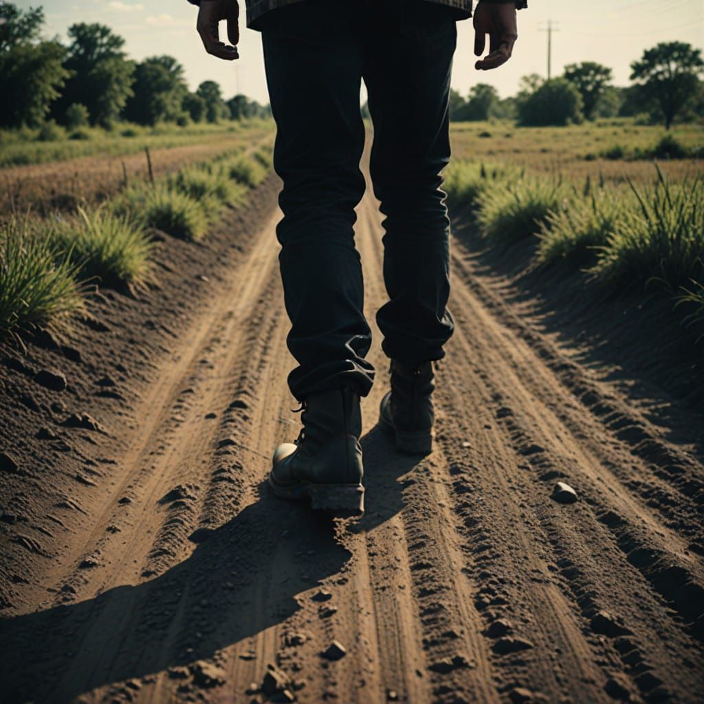Black Boots Embark on a Cinematic Journey Down a Dirt Road i...