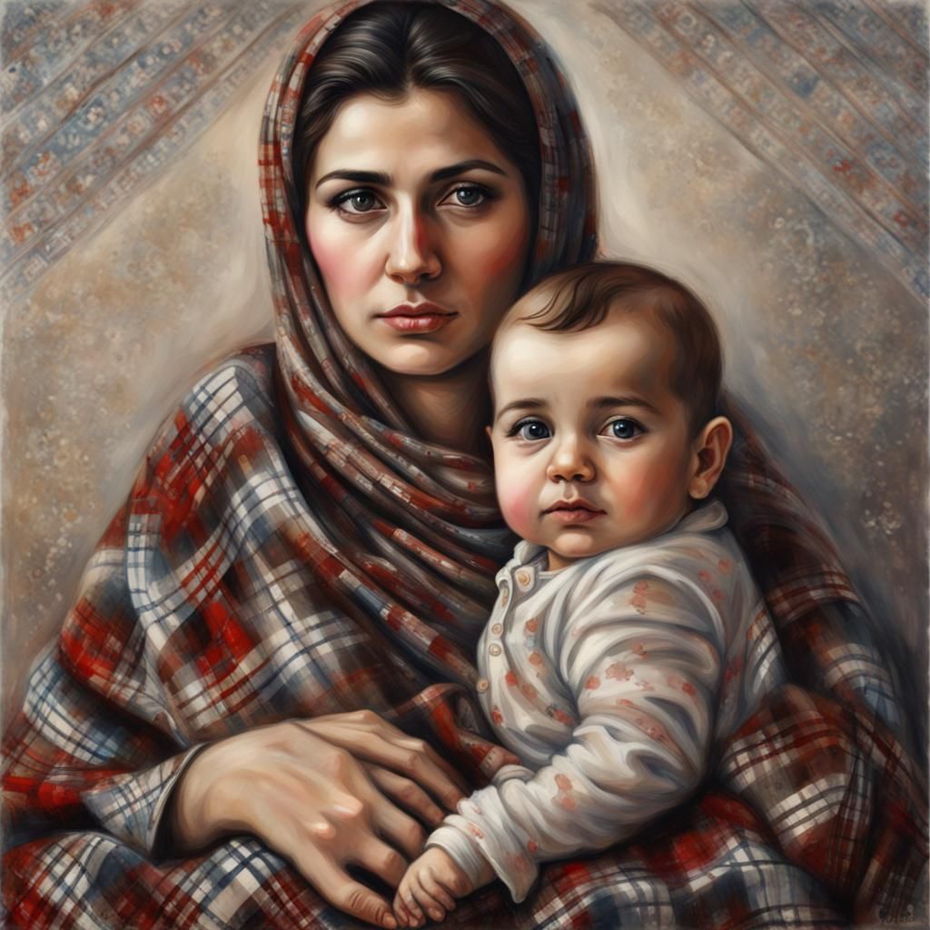 Kurdish Mother and Baby in Plaid Pattern