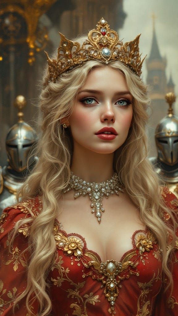 Ethereal Queen in Opulent Castle: Pre-Raphaelite Oil Paintin...