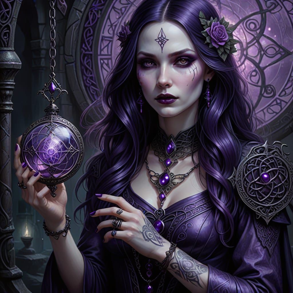 Gothic Woman with Celtic Tattoos Holding Pendulum