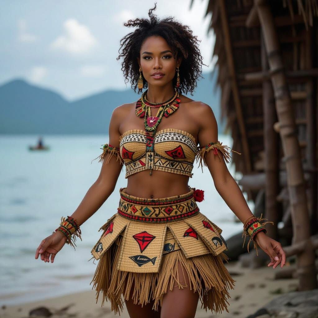 Papua New Guinean River Spirit in Tapa Cloth Costume