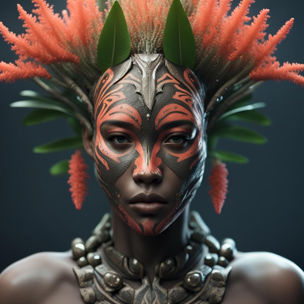 Tribal Humanoid Hybrid with Coral Plant Features