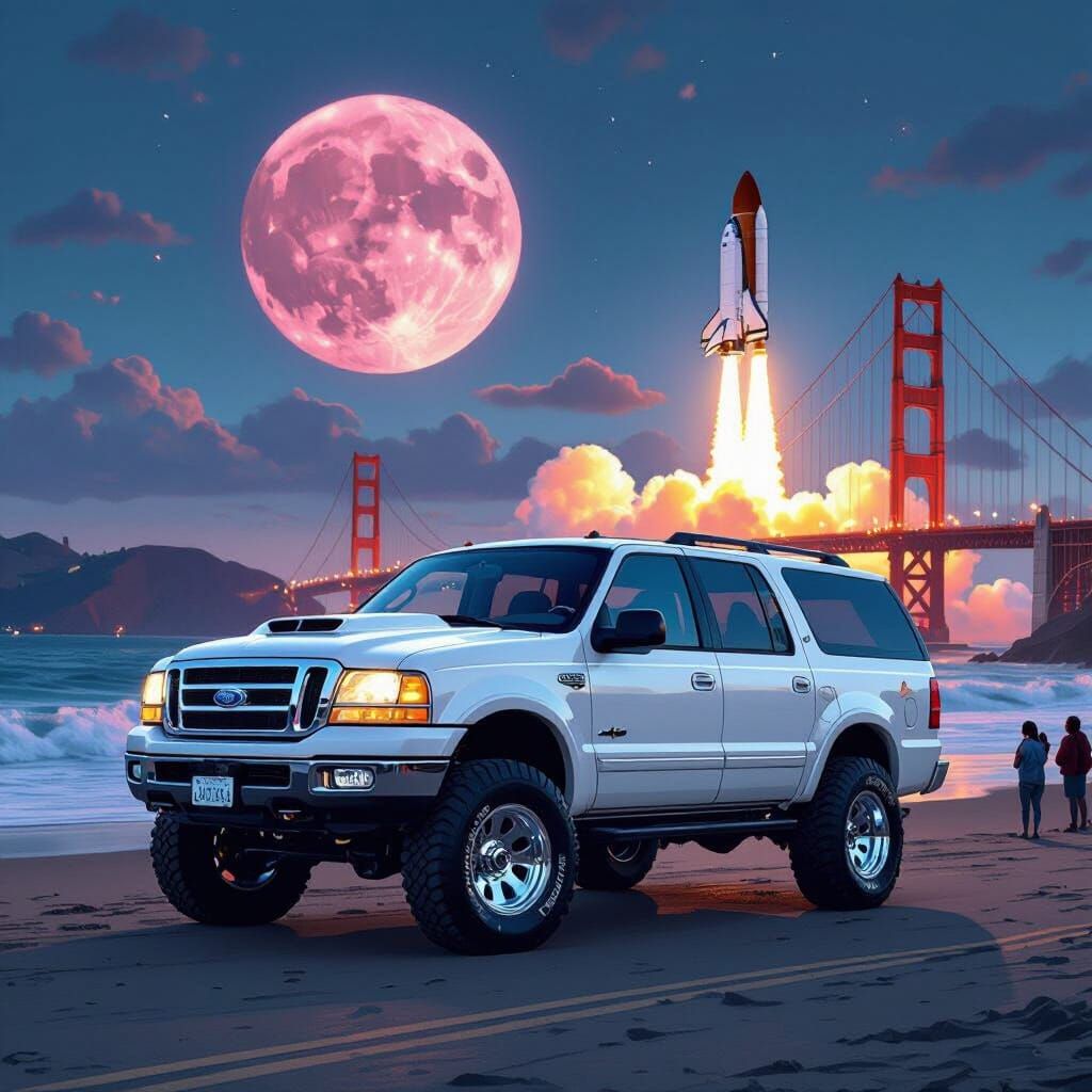 White Ford Expedition on Beach with Golden Gate Bridge & Spa...