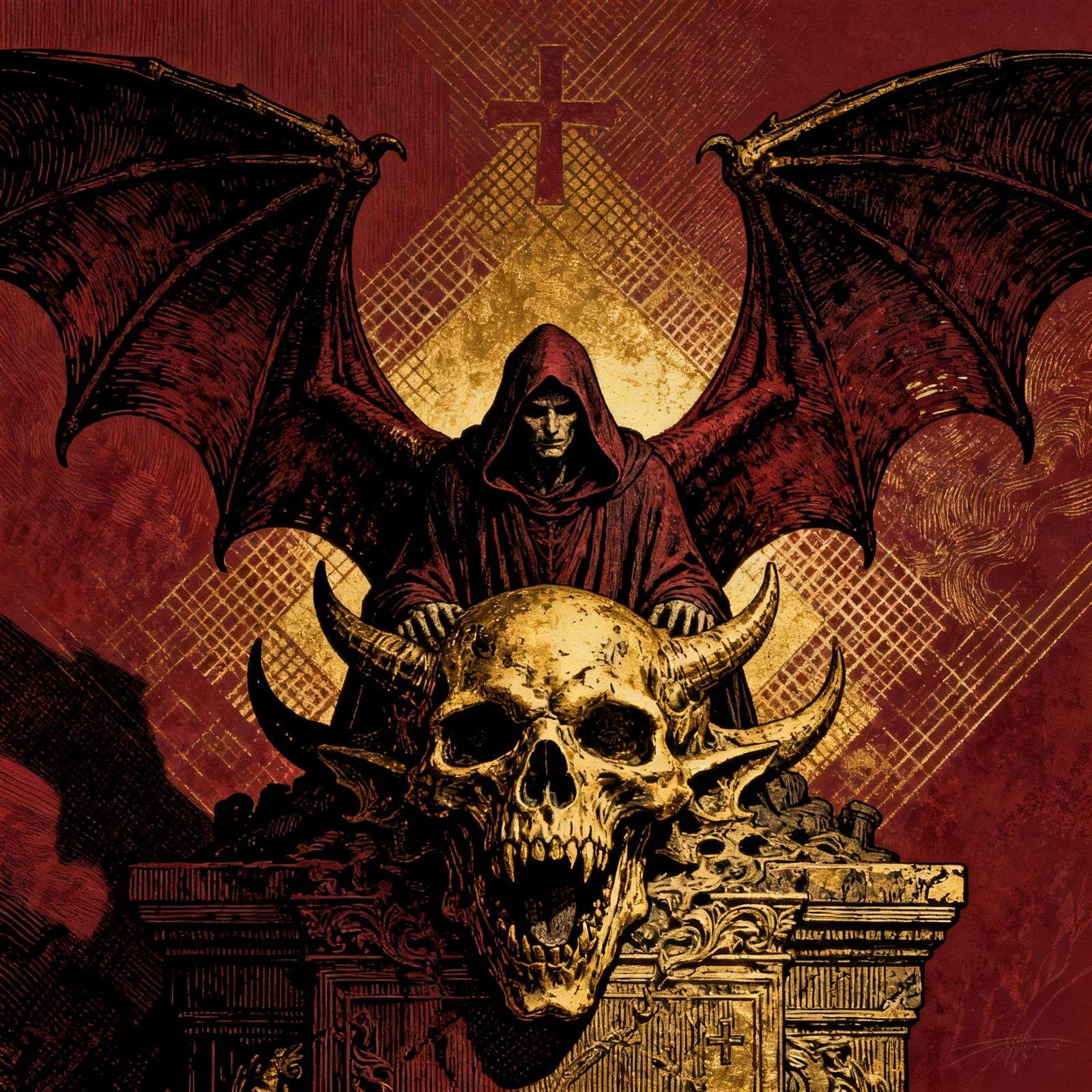 Hooded Figure Emerges from Demonic Skull with Bat Wings
