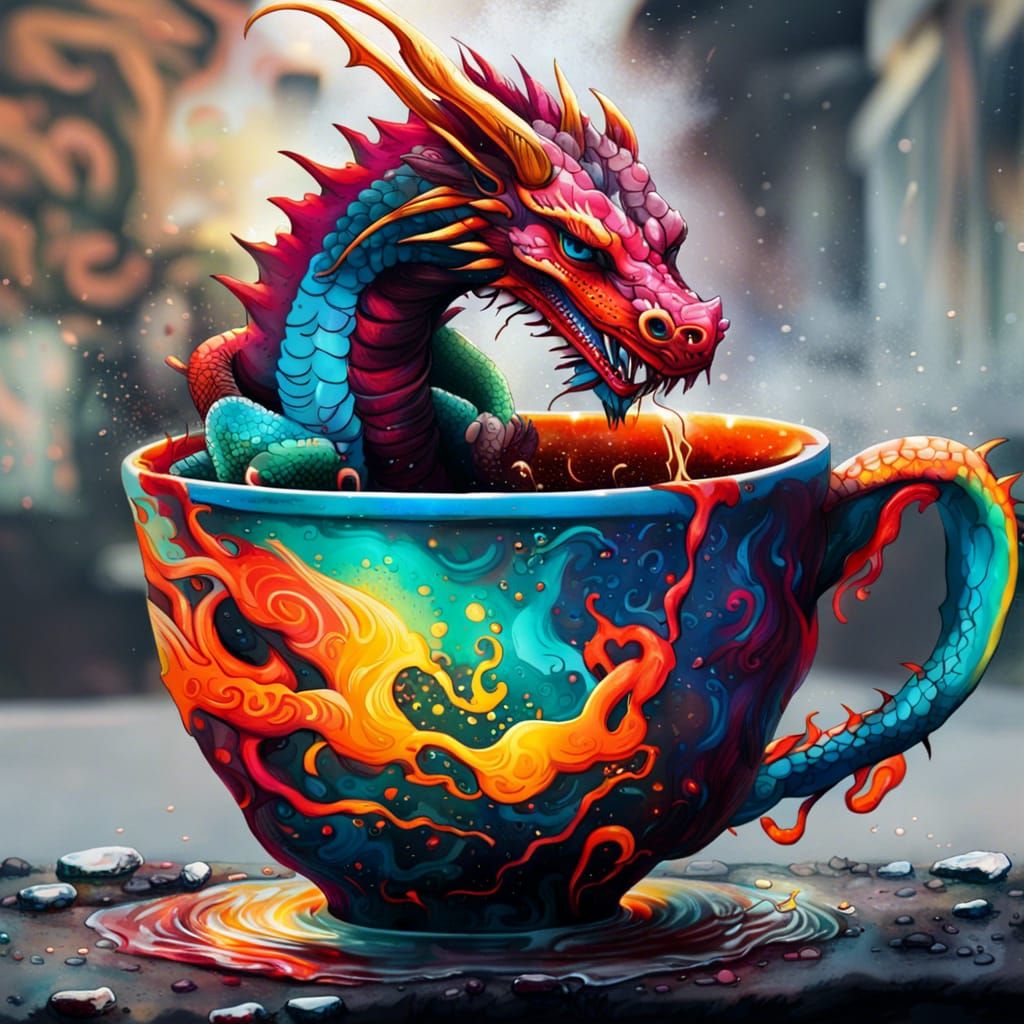 Fire and Water Dragon Teacup in Graffiti Art Style