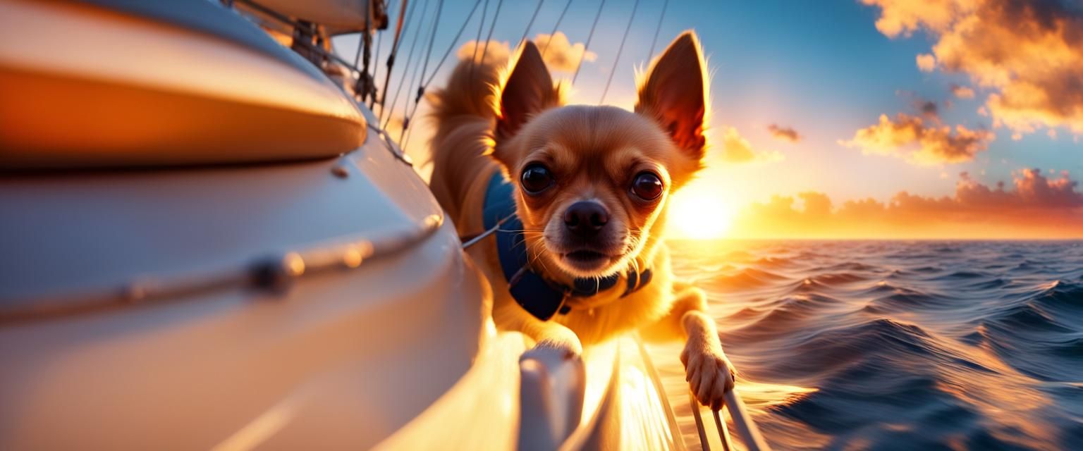 Chihuahua on Sailboat at Sunset: Digital Matte Painting