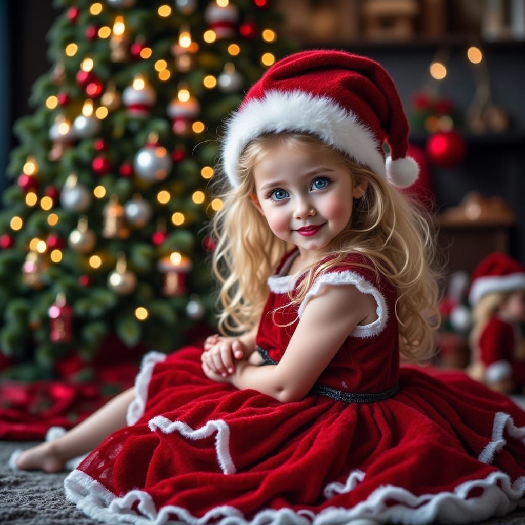Cute Girl in Christmas Outfit by Tree, Soft Light