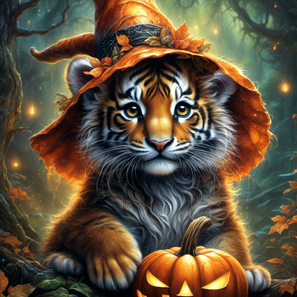 Watercolor Tiger Cub in Witch Hat with Jack-o-Lantern
