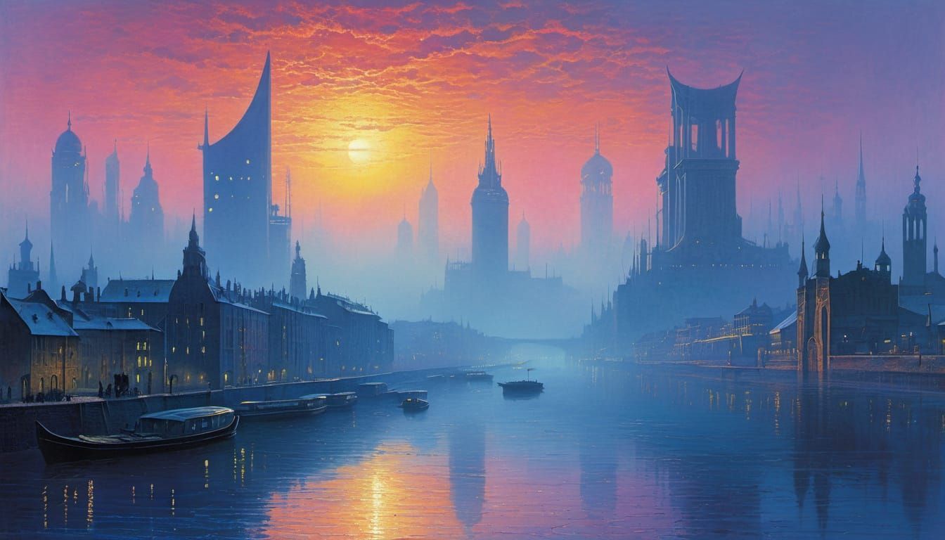 Dawn on New Babylon in Cyberpunk Aesthetic