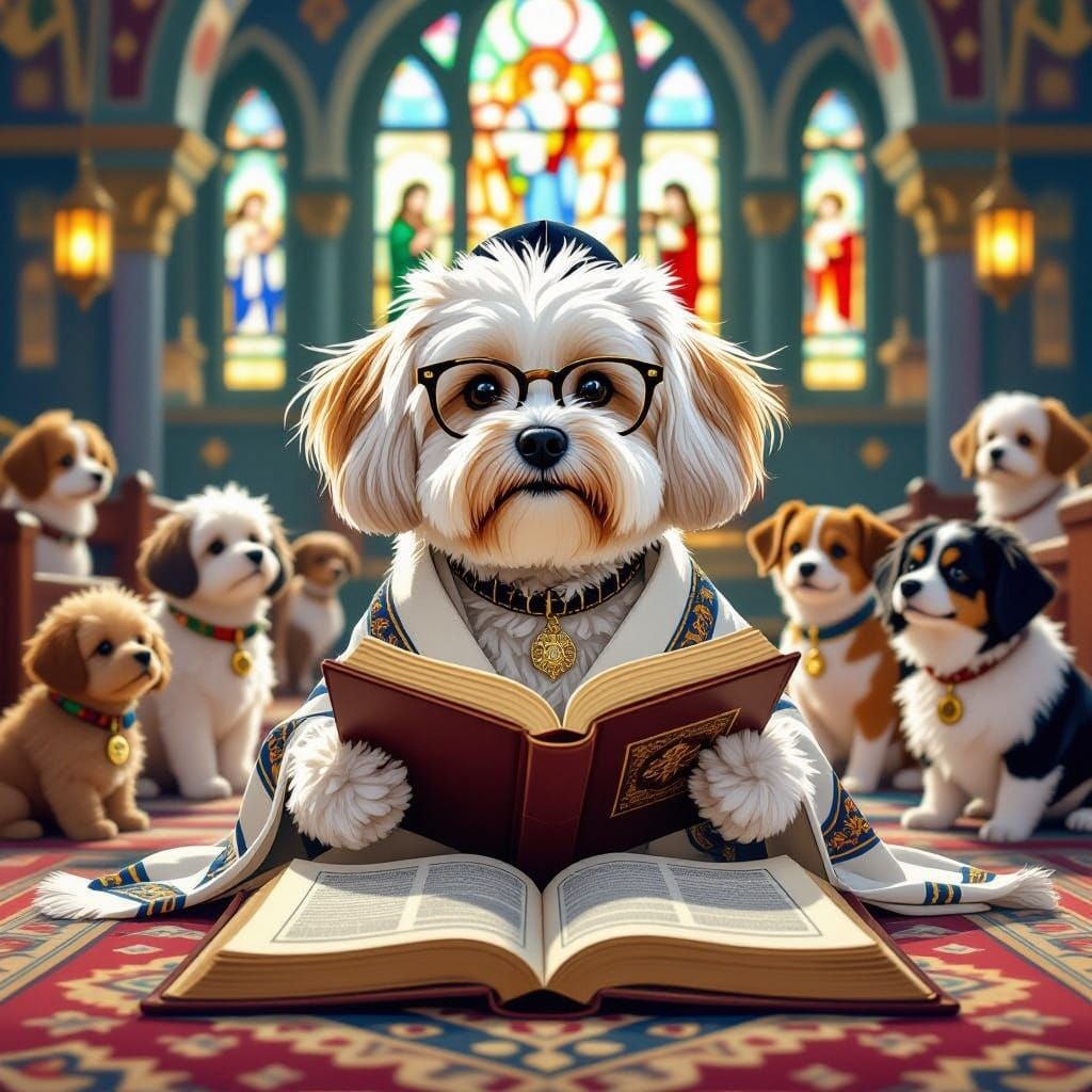 Dog Reads Torah in Synagogue: Whimsical Digital Art