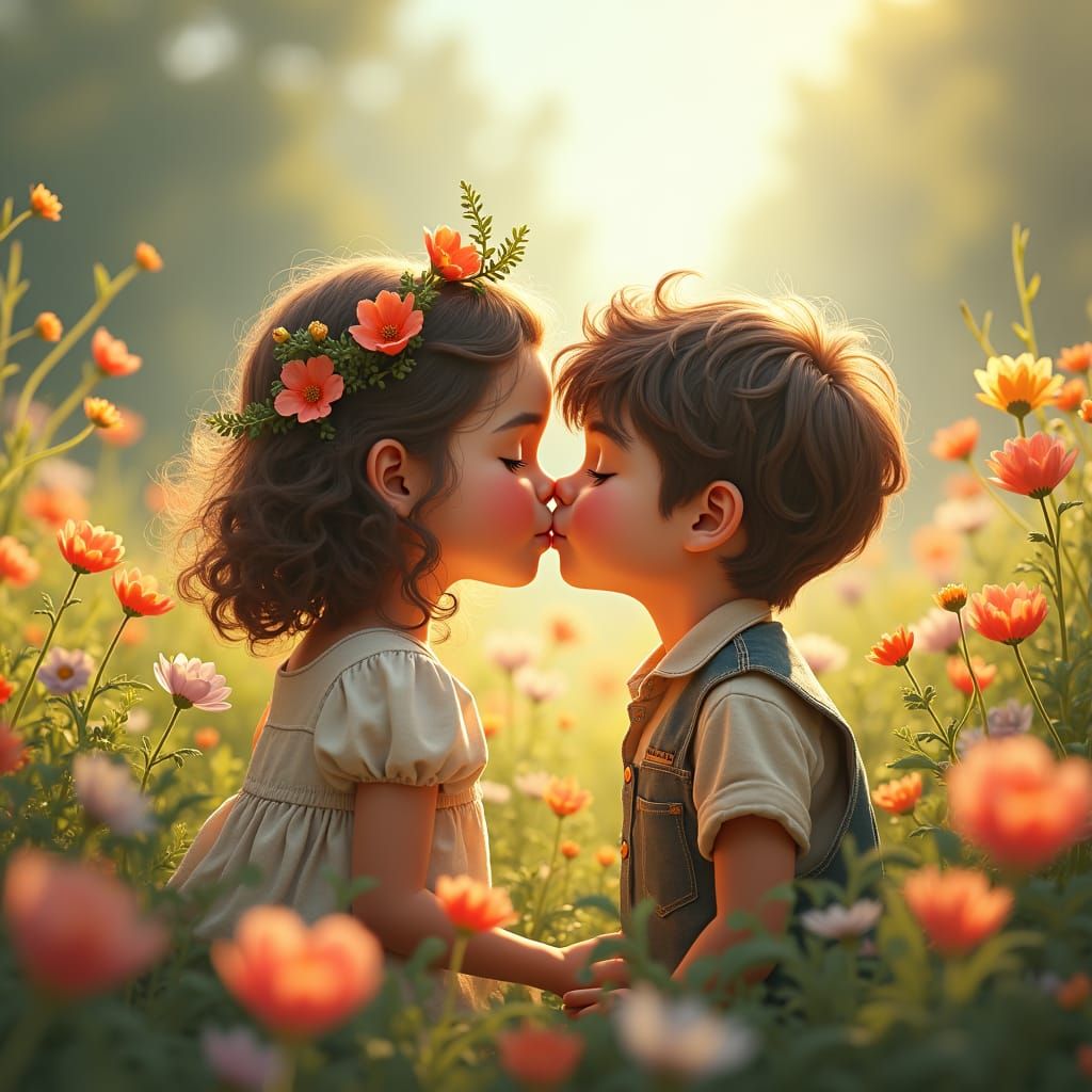 Children Kissing in Lush Wildflower Meadow