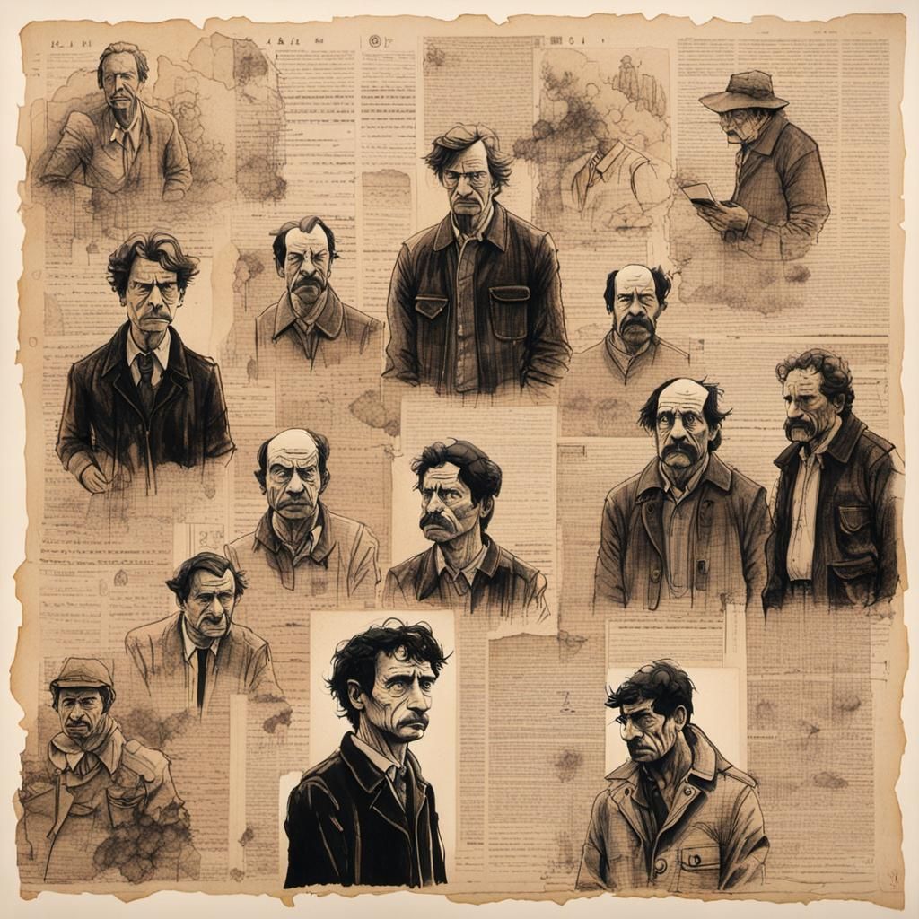 Cartoon Men on Sepia Newspaper with Ink Stains