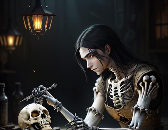 Furry Skeleton Bone Repair, Dark Fantasy Concept Art