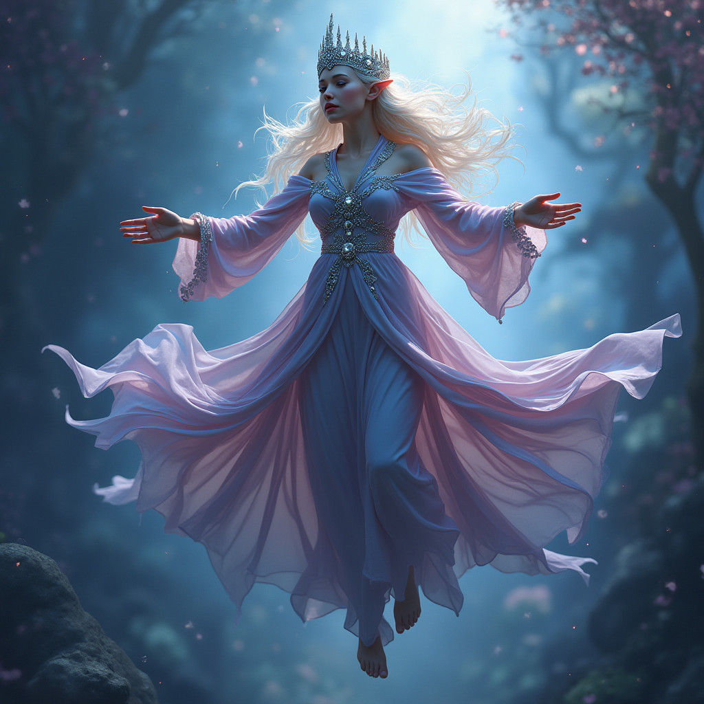 Elegant Elf Wizard in Ethereal Landscape