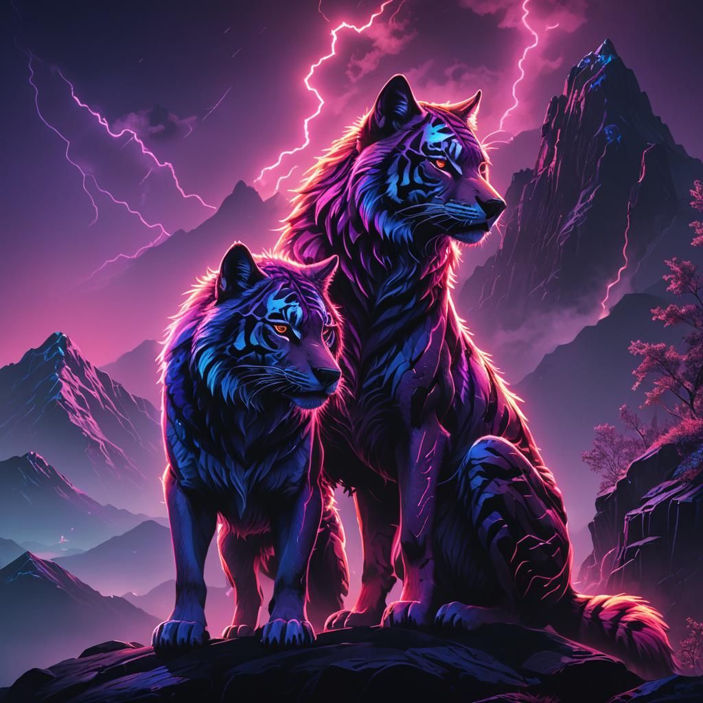 Neon Wolf-Tiger Hybrid on Misty Mountain