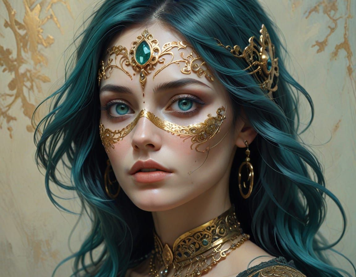 Intricate Digital Portrait of a Woman with Wavy Dark Hair an...