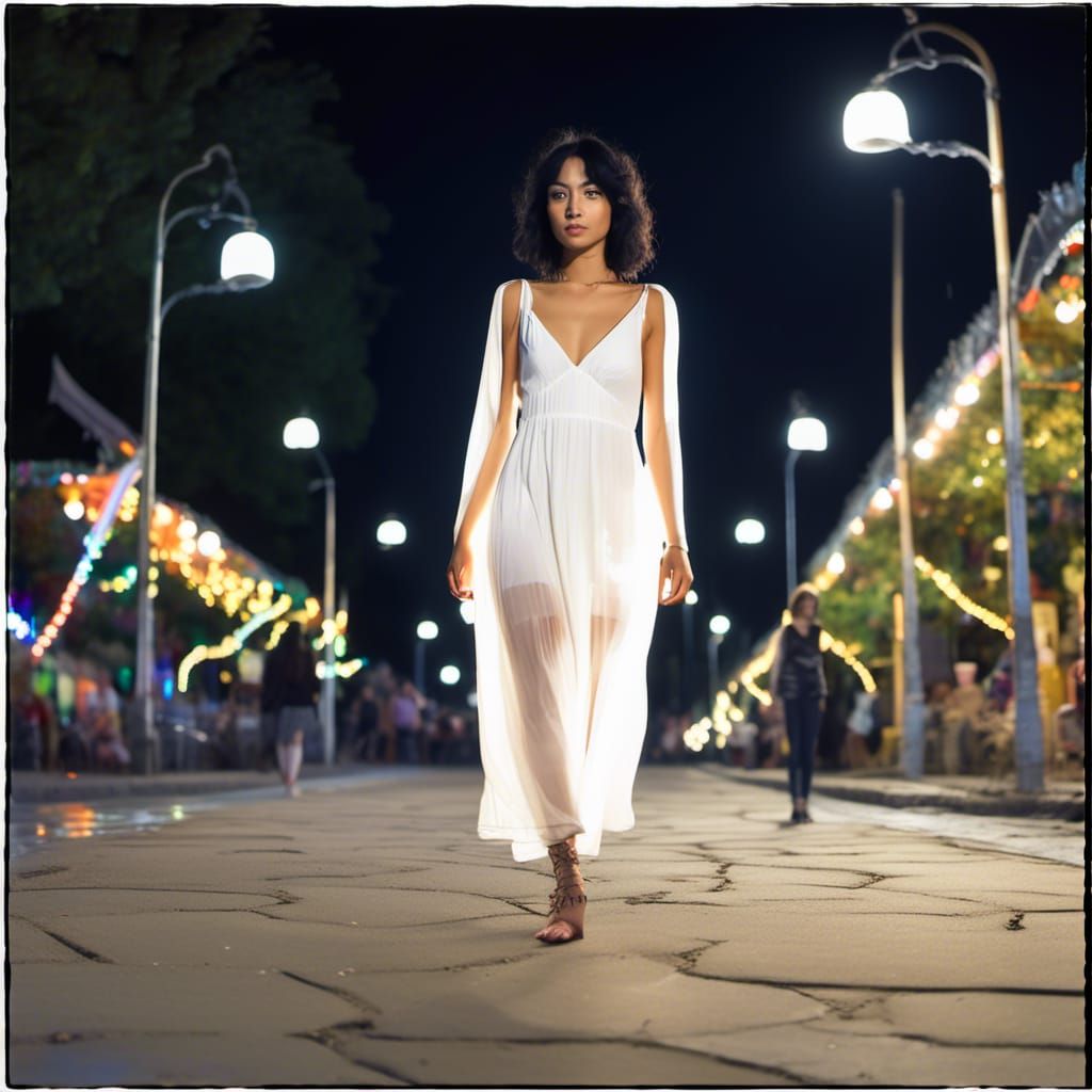 Woman in White Dress Walking at Night