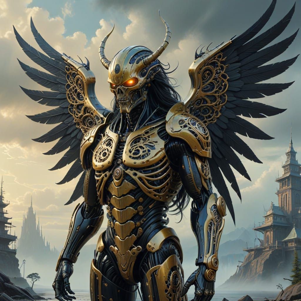 Cyberpunk Angel with Asian Features in Dreamy Landscape