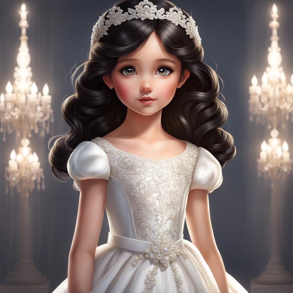 Elegant Black-Haired Daughter in Iridescent Dress