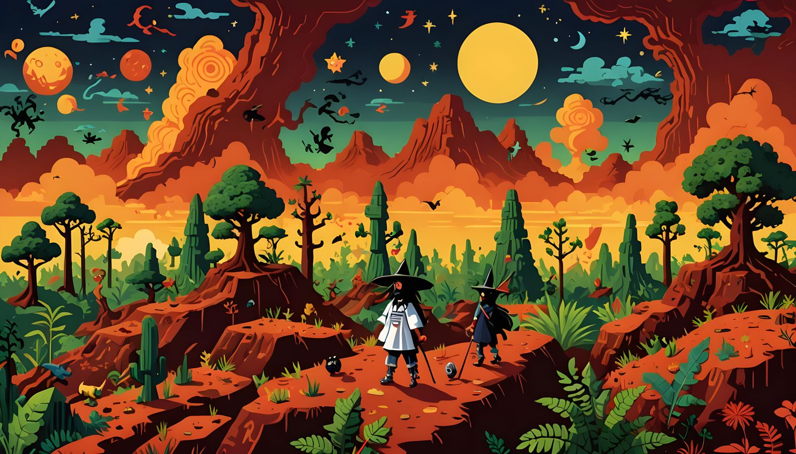 Witches' Coven in Primitivist Pixel Art Style