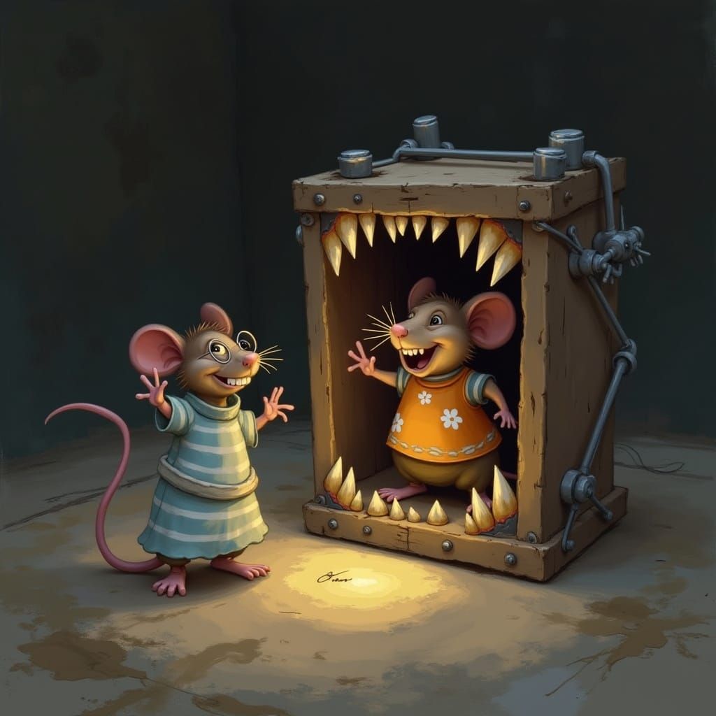 Joyful Mouse Shows Peace Sign Amidst Whimsical Chaos