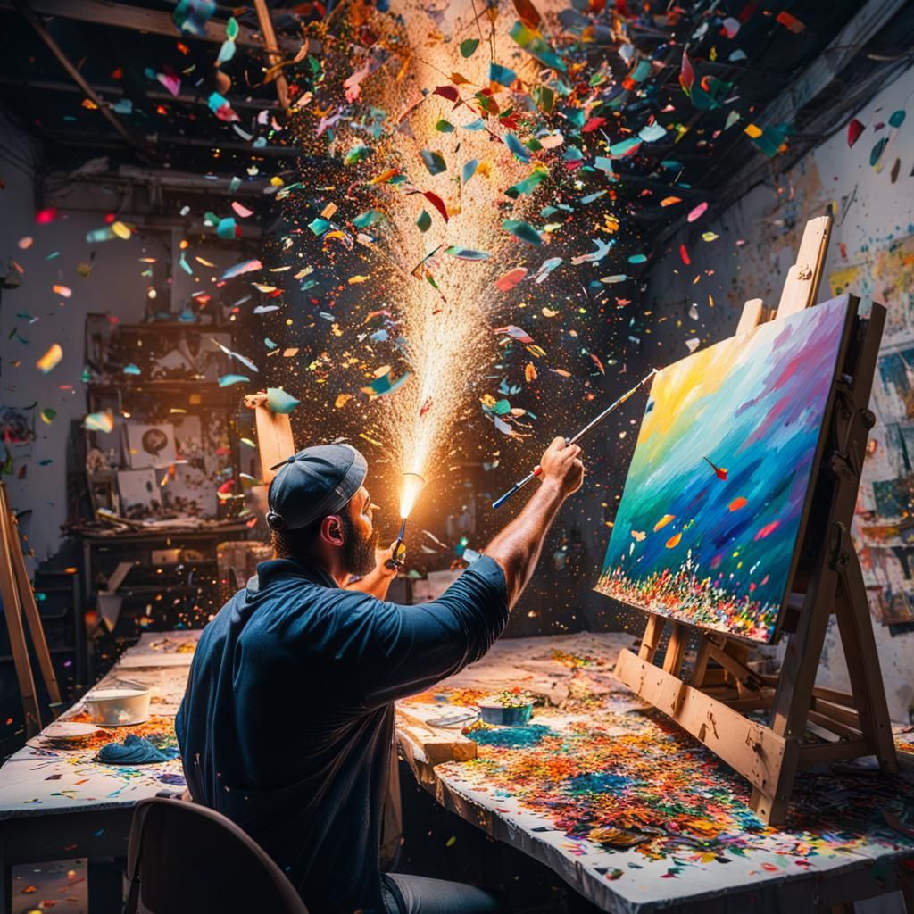 Colorful Confetti Artist in Hyperrealistic Studio