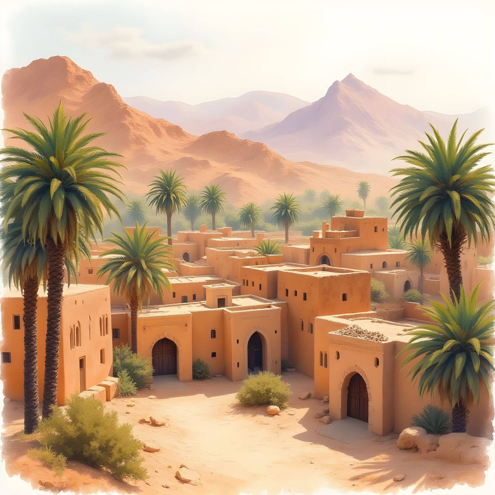 Watercolor Painting of Moroccan Kasbahs in Figuig Oasis