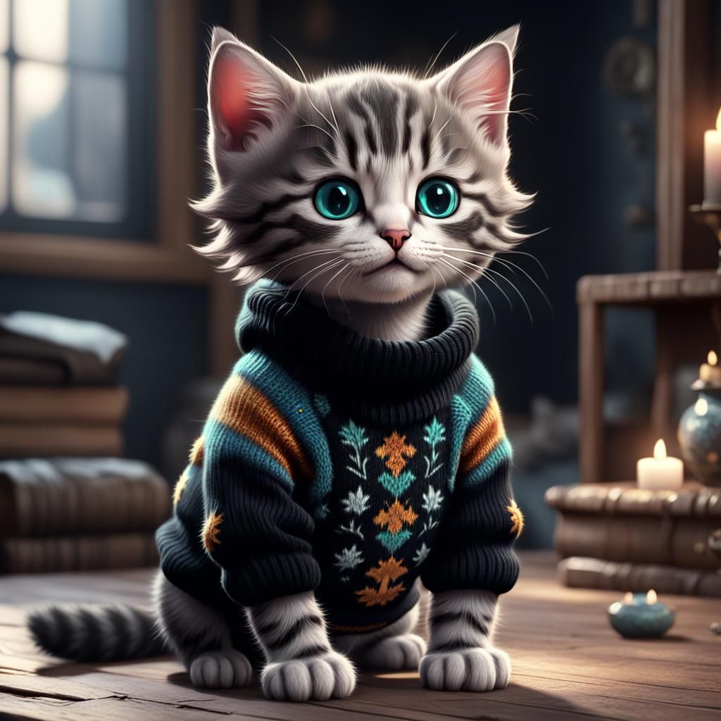 A cute kitten wearing a black sweater