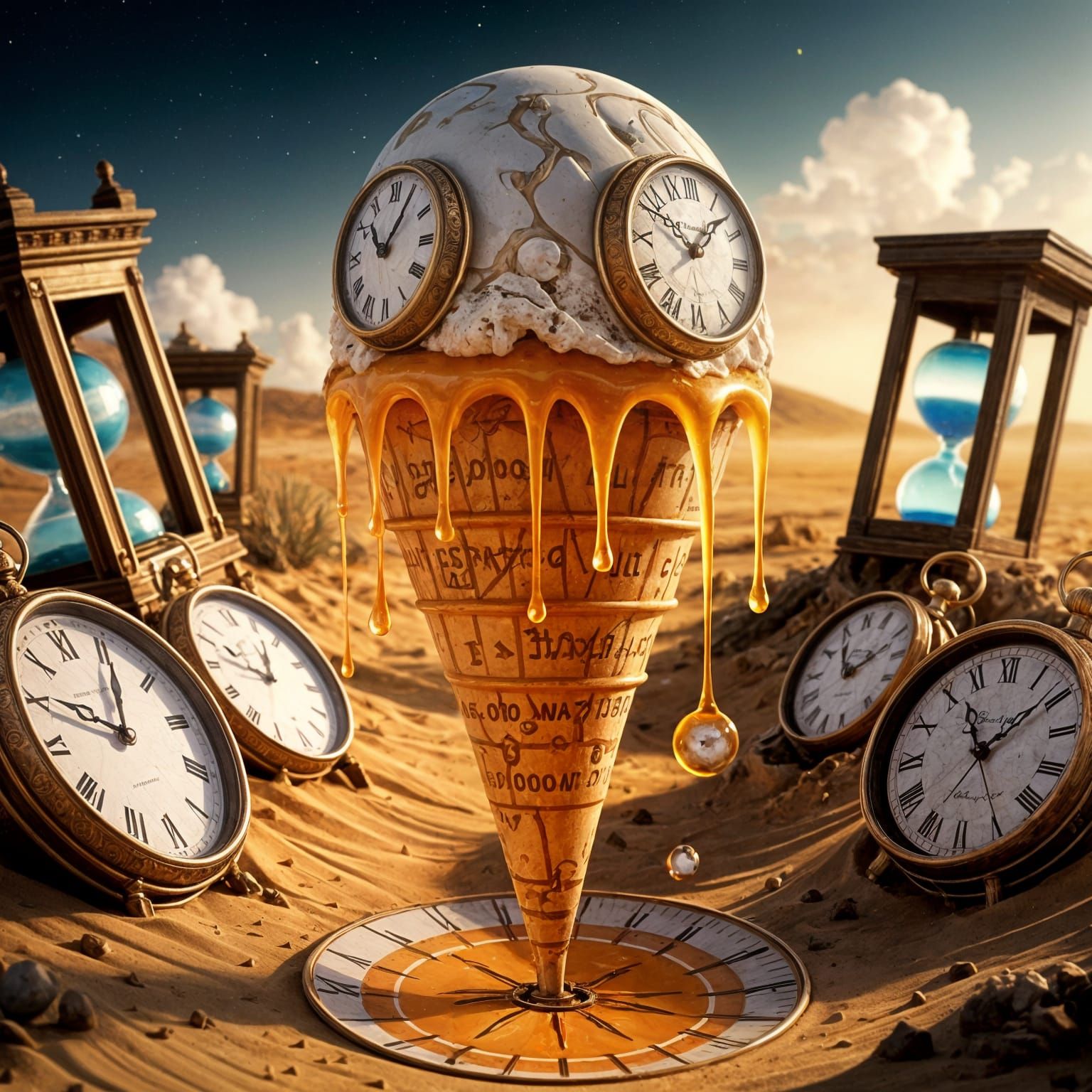 Surreal Melting Clock Ice Cream Dreamscape