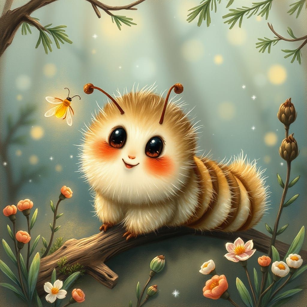 Enchanted Caterpillar and Firefly in Woodland Glade