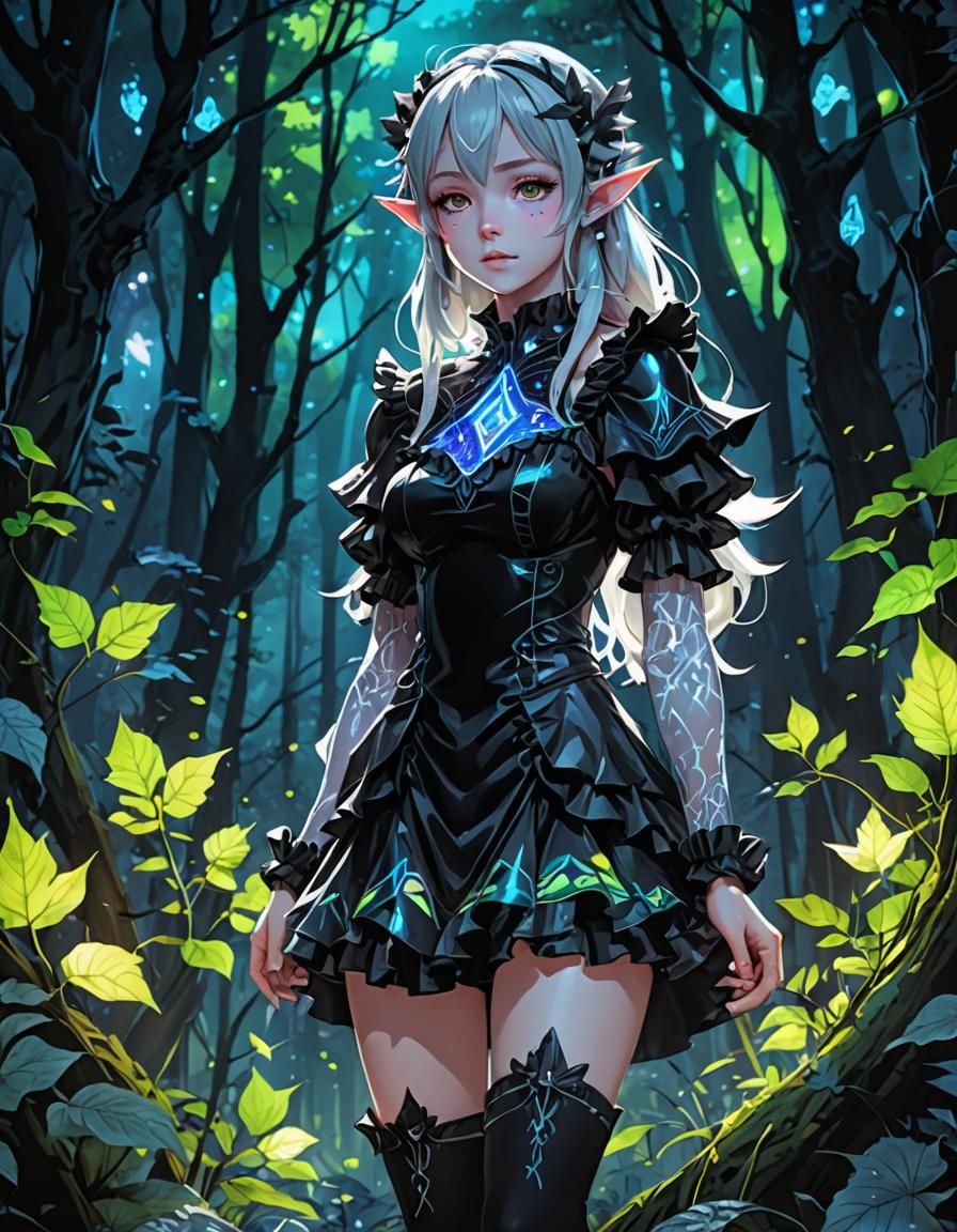 At the Forest, The Forest Background" Black and White High Contrast, Watercolour, Holographic Elf in a Leavy Ruffle Dres...