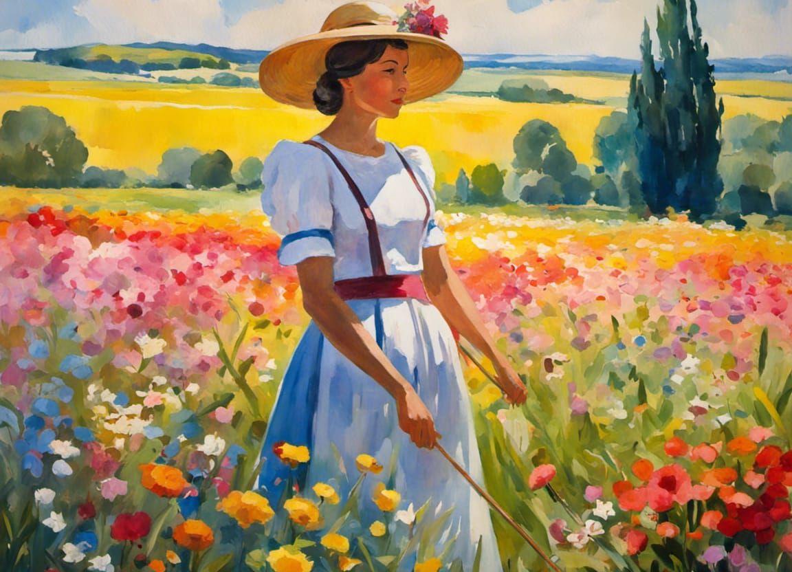 Servant Girl in Flower Meadow as Gouache Painting