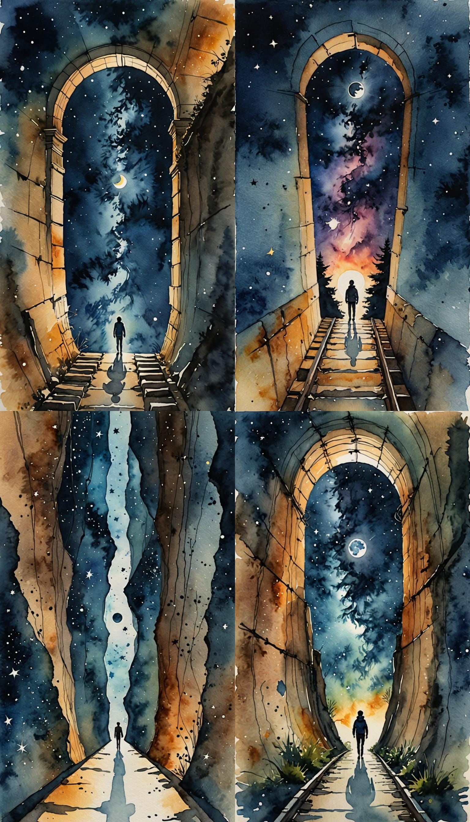 Watercolor Starry Night Flows to Human Silhouette