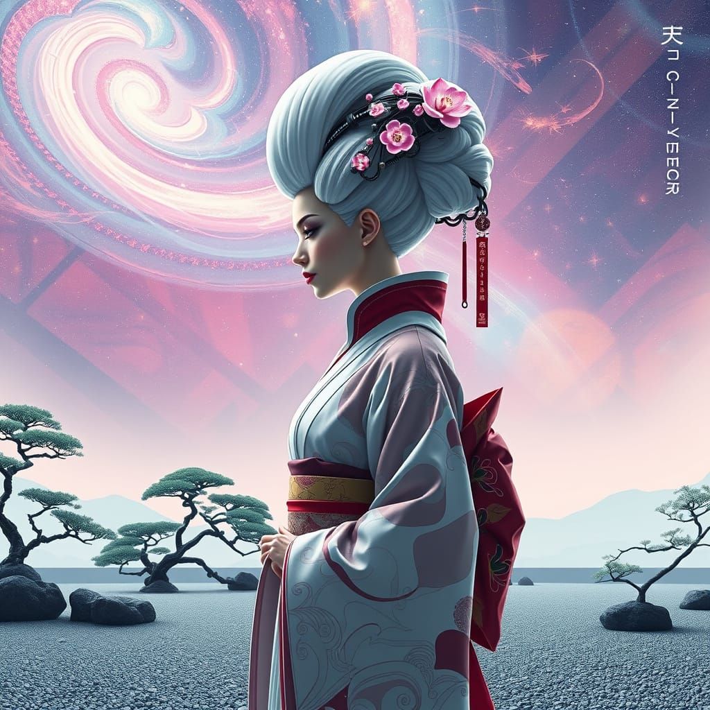 Futuristic Geisha in Cyberpunk Japanese Garden