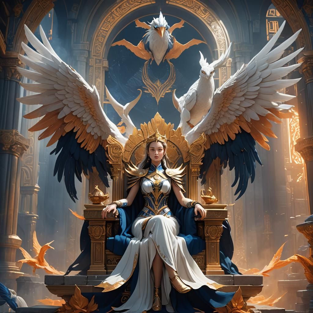 Lugia Winged Woman on Temple Throne: Fantasy Art