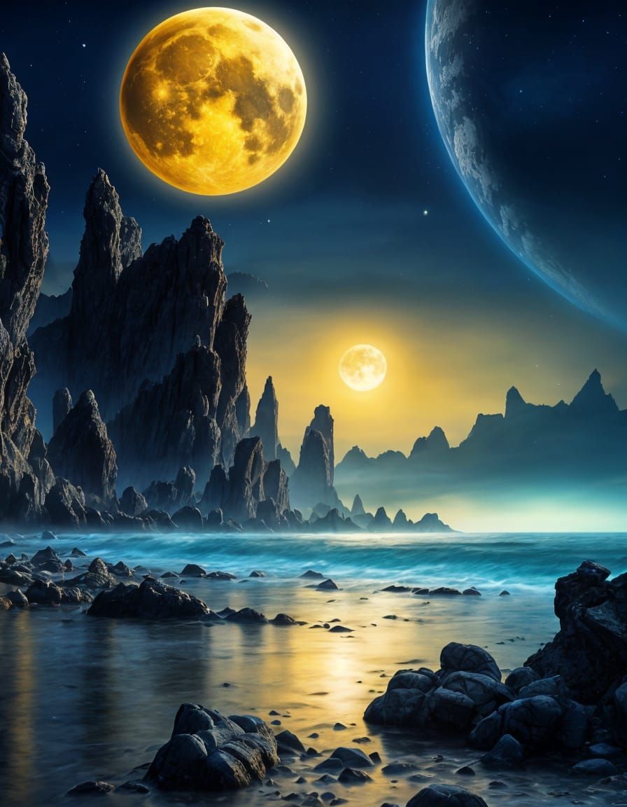 Alien Planet: Rocky Shoreline at Midnight