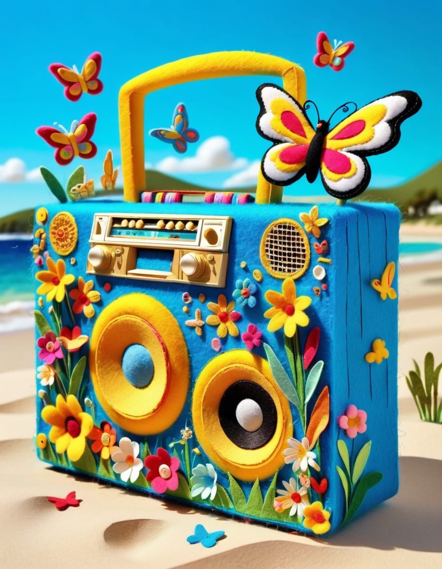 Colorful Felt Art Boombox on a Sunny Beach