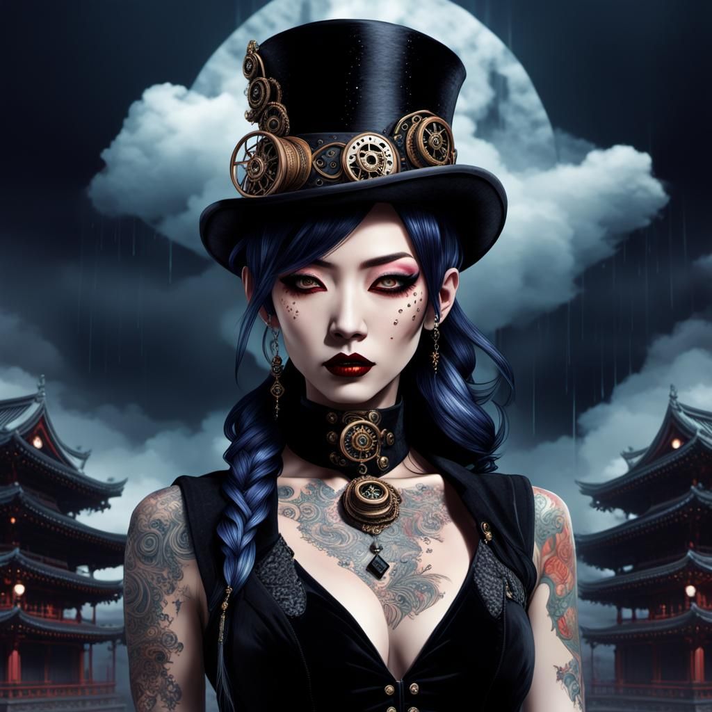 Gothic Japanese Woman with Steampunk Monocle in Digital Art