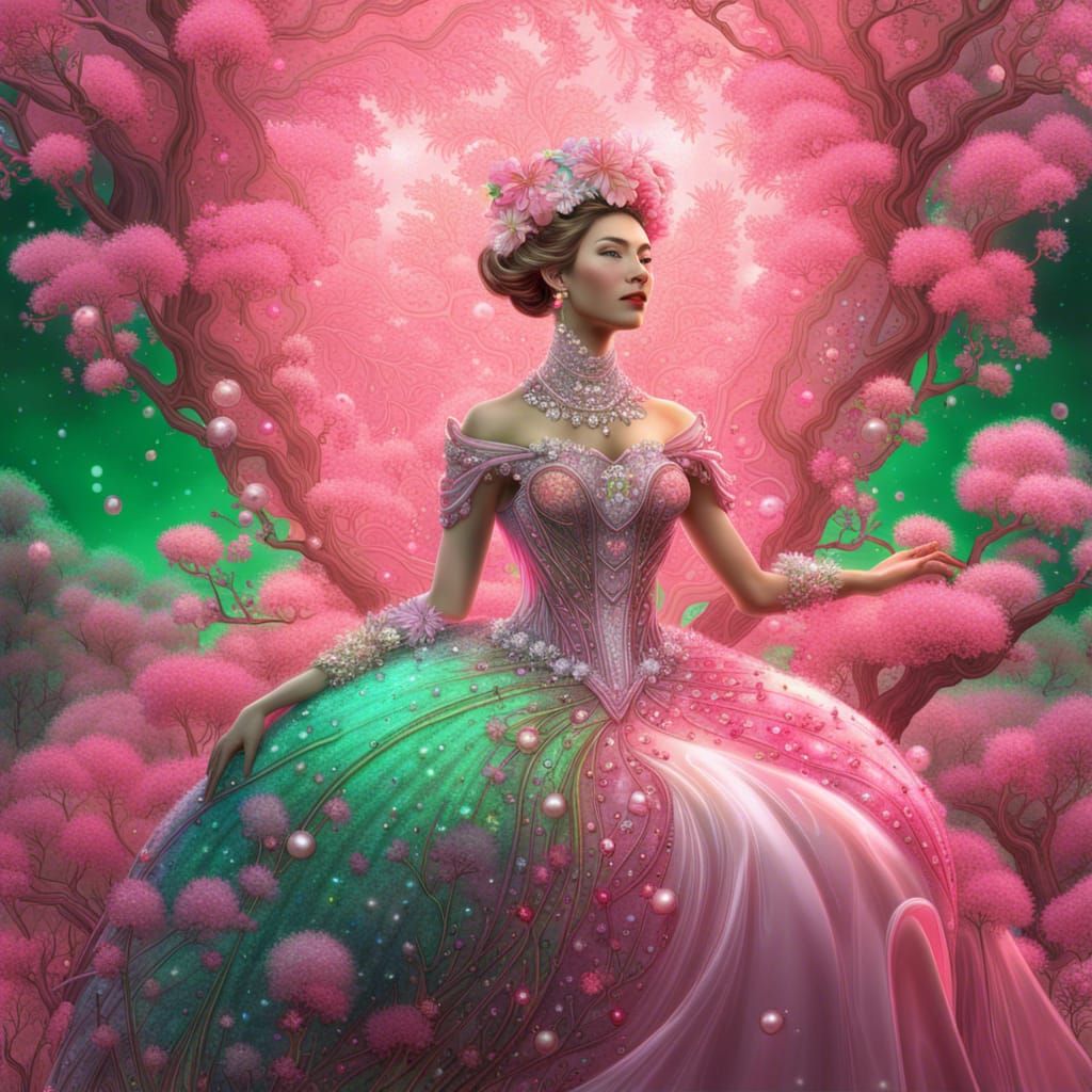 Spring Queen in Iridescent Gown with Cherry Blossoms