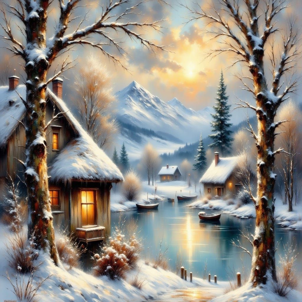 Fox Family Overlooking Winter Landscape in Impressionist Sty...