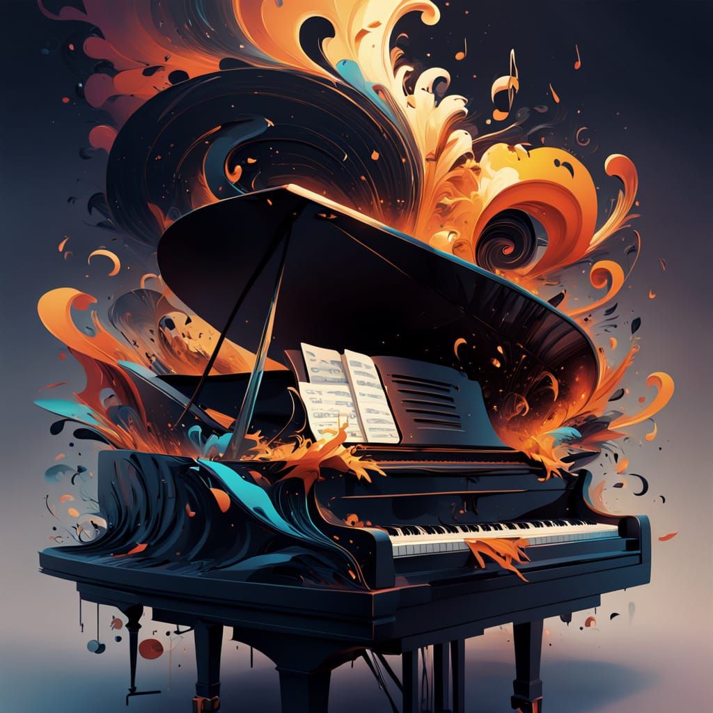 Surreal Piano Exploding with Colorful Notes and Shapes