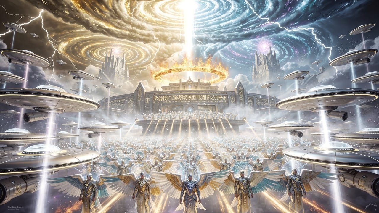 Divine Armada Descends from Swirling Celestial Clouds