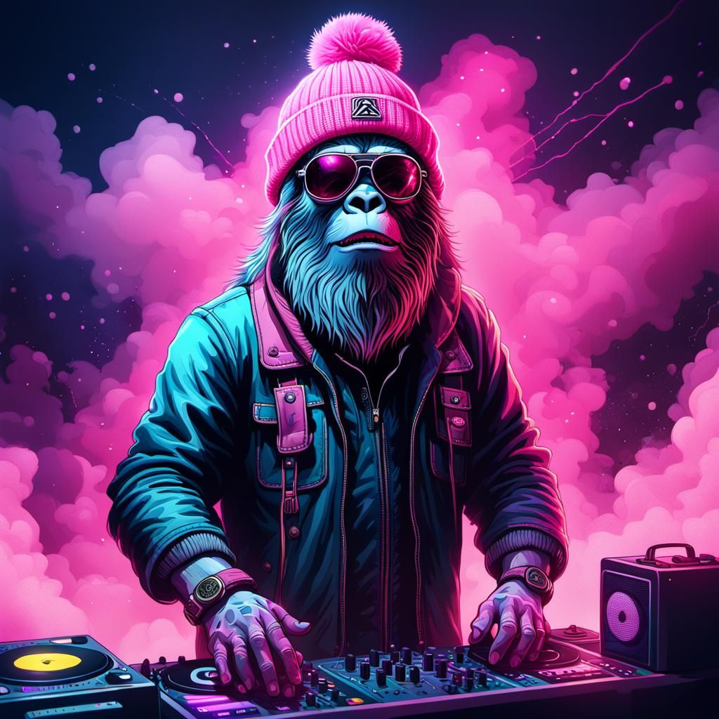 Sasquatch DJ in Hyperrealistic Nightclub Scene