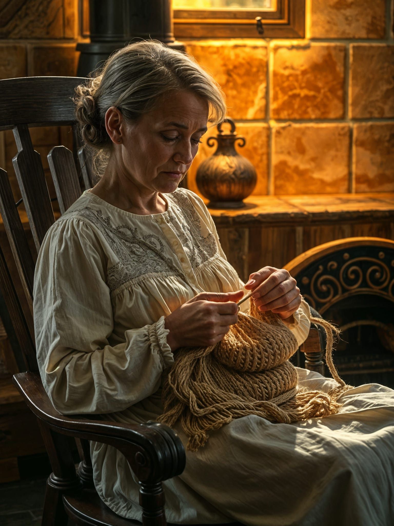 Colonial Woman Knitting by Wood Stove as Oil Painting