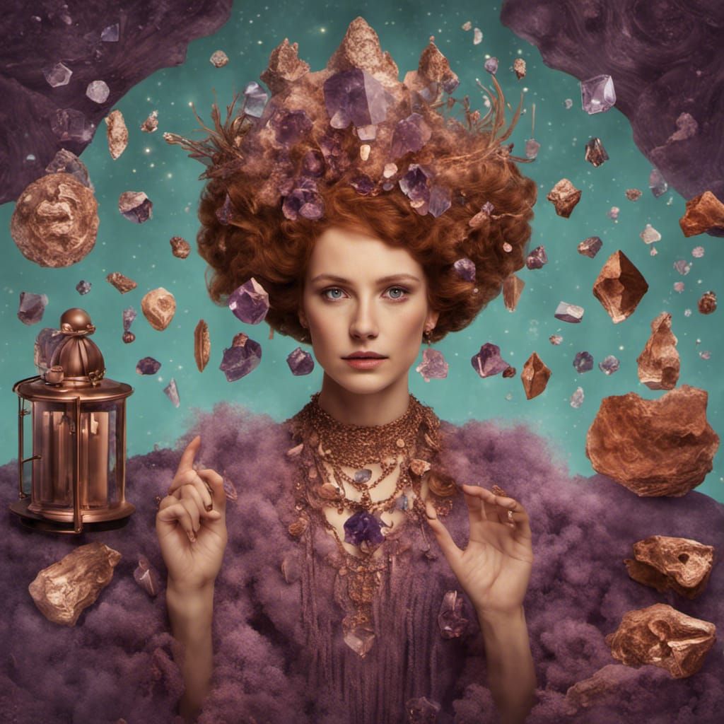 Woman with Amethyst Crystals in Wes Anderson Style
