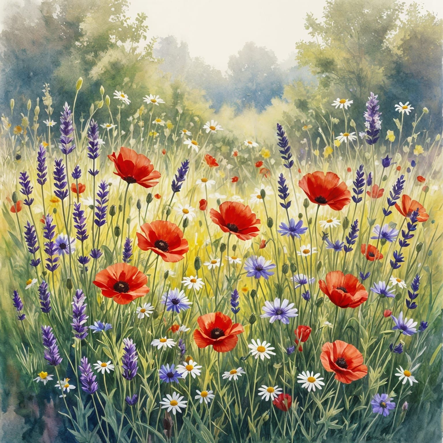 Watercolor Wildflower Meadow With Poppies, Daisies, And Lave...